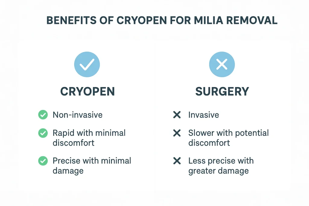 Benefits of cryopen for milia removal Uxbridge Moor compared to surgical treatments.