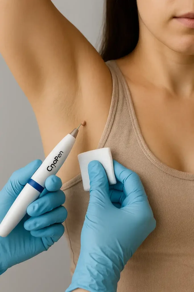 woman having cryopen to remove underarm skin tags Uxbridge Moor