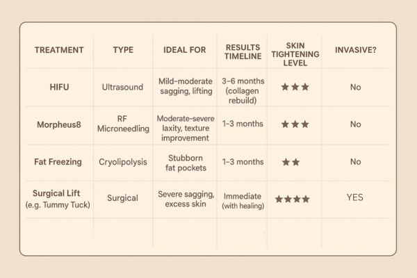 Table showing the comparisons of Skin tightening Uxbridge Moor treatment options.